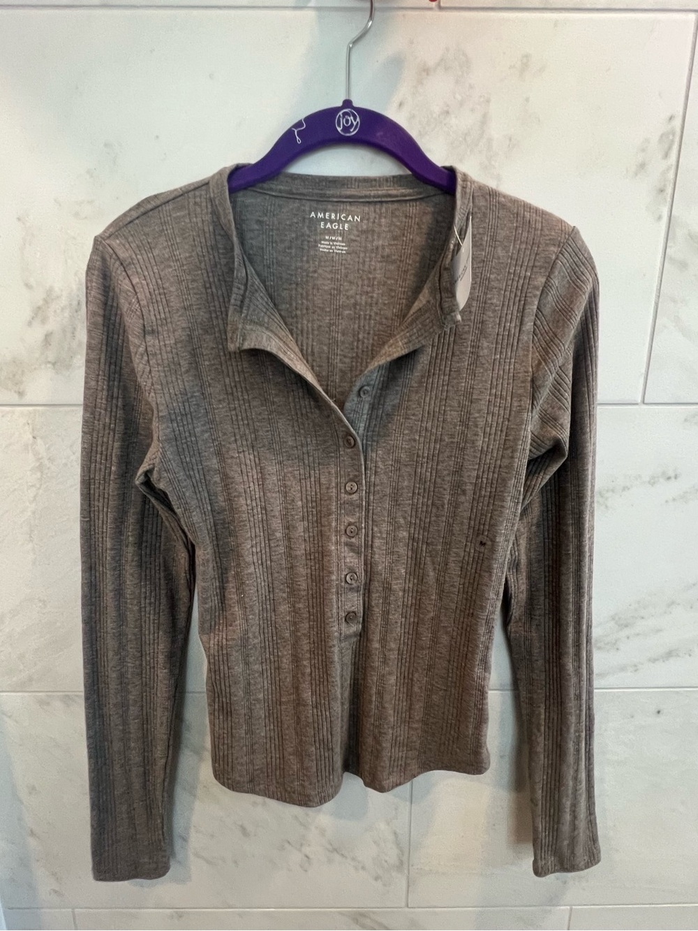 American Eagle Outfitters Ribbed Henley Long-Sleeve Top - Gray Brown